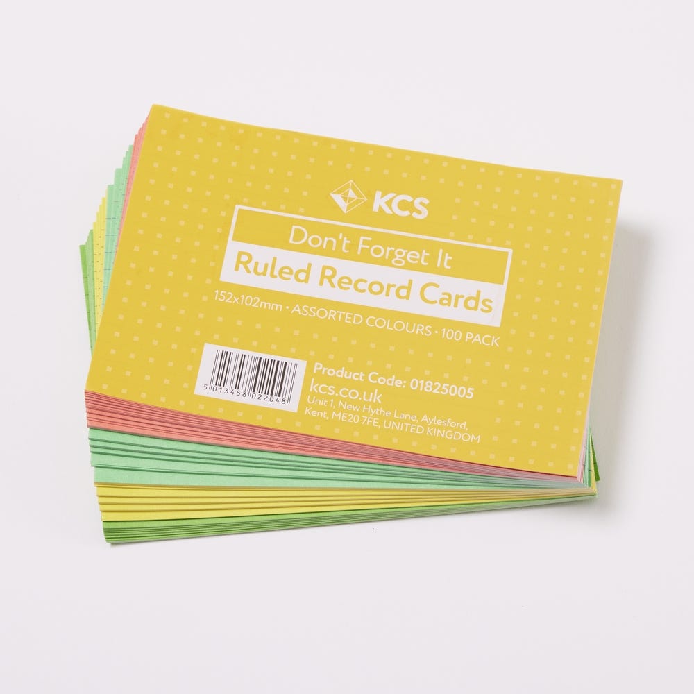 102 x 152mm KCS Assorted Colour Ruled 100 Record Cards