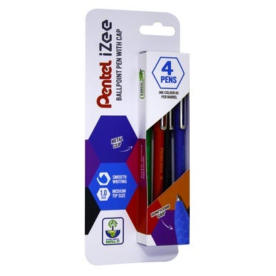 Pentel iZee Cap Style Ballpoint Pens, Assorted, Pack 4