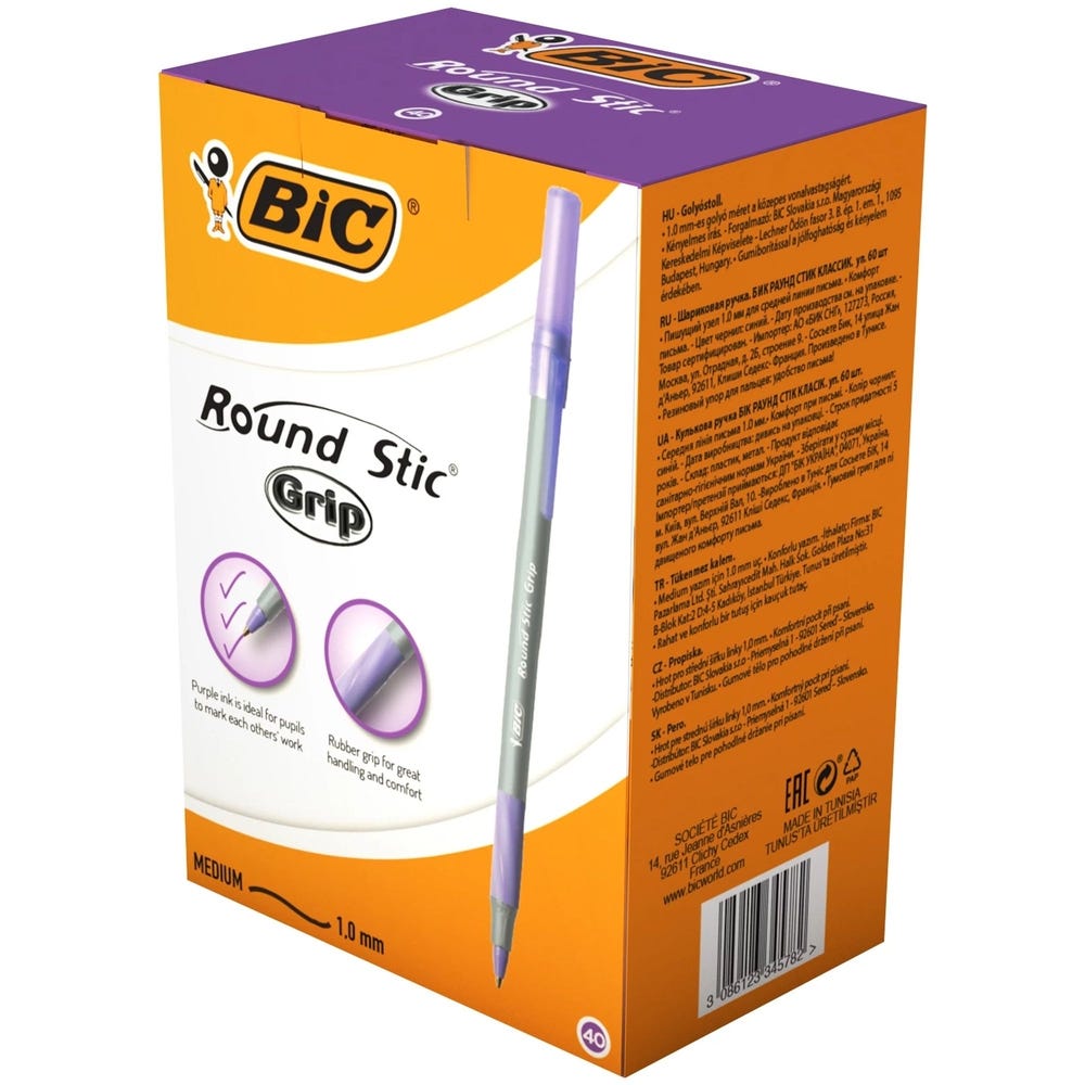 BIC Round Stic Grip Ballpoint Pens Purple Box of 40