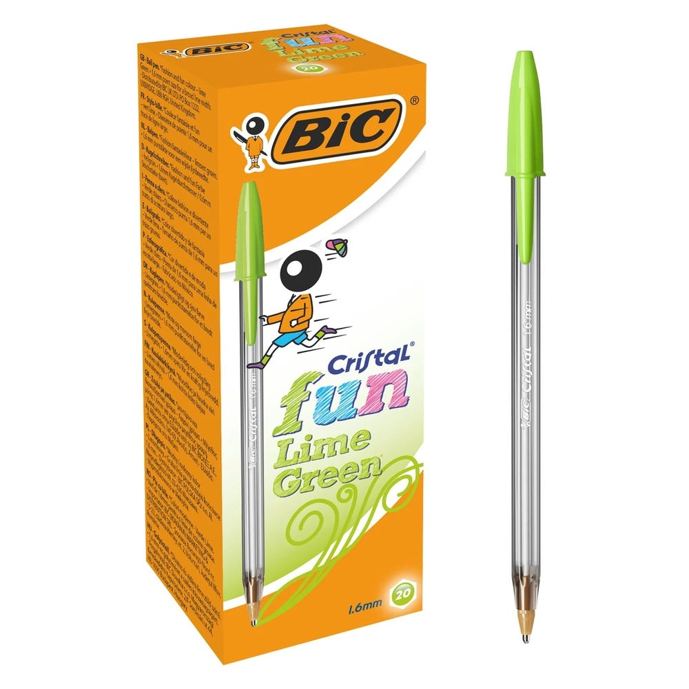 BIC Cristal Fun Colour Ballpoint Pens Lime Green Box of 20