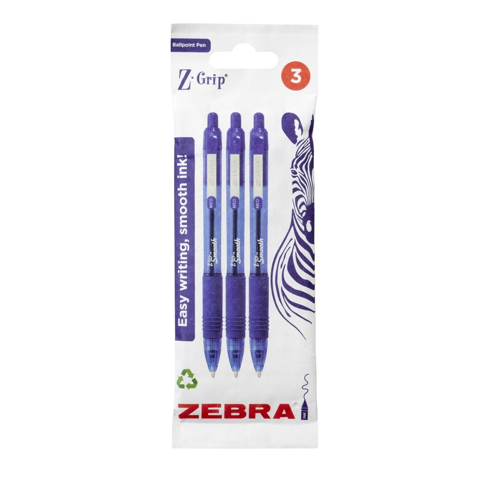 Zebra Z-Grip Smooth Retractable Ballpoint Pens, Blue, Pack 3