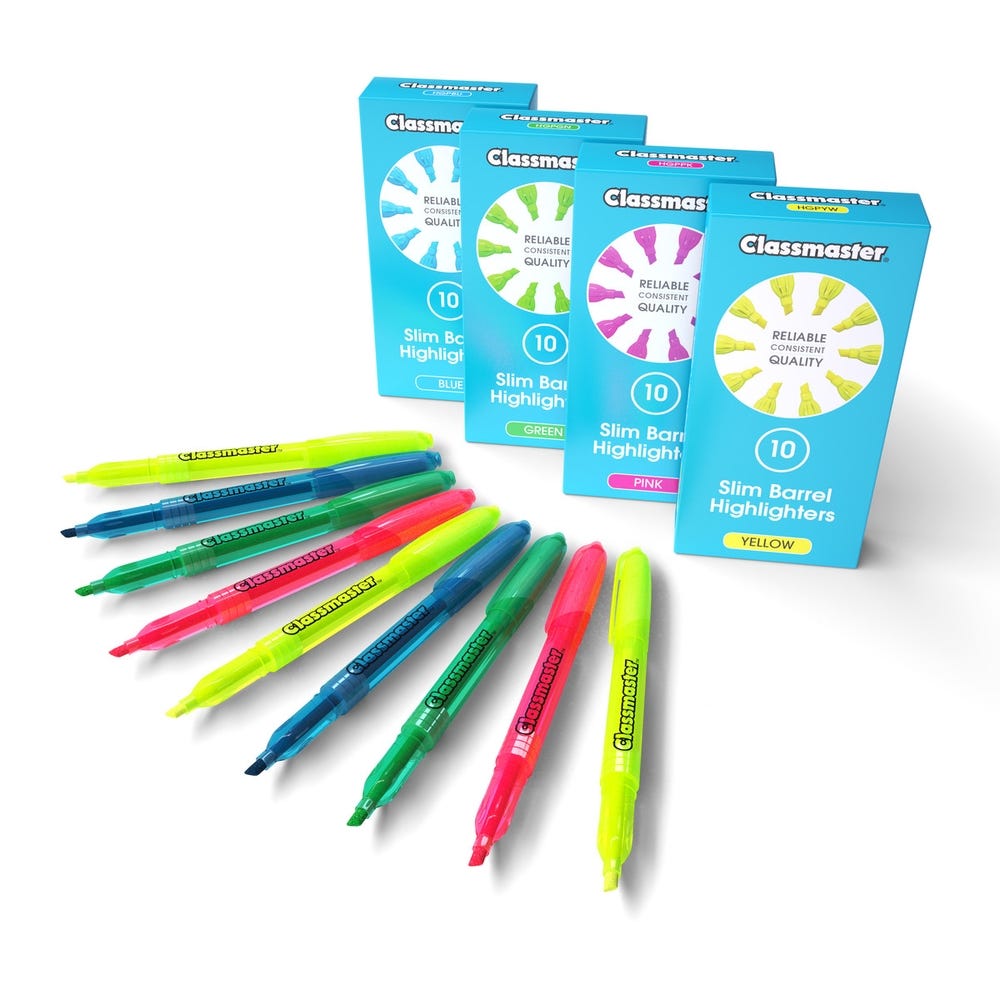 Classmaster Slim Barrel Highlighters Chisel Tip Pack of 10