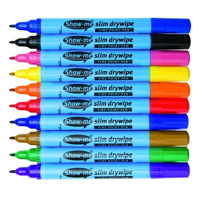 Show-me Slim Drywipe Pens Fine Tip Assorted Colours Pack 10