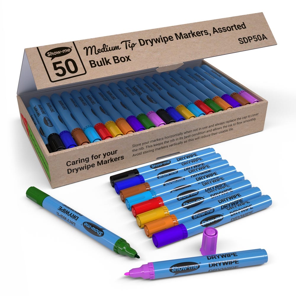 Show-me Slim Drywipe Pens Fine Tip Assorted Colours Pack 50