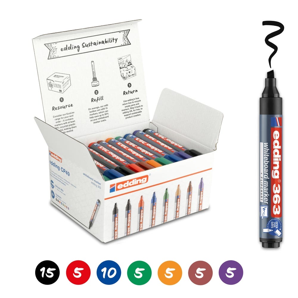 edding 363 Drywipe Markers Chisel Tip 8 Assorted Colours Pack 50