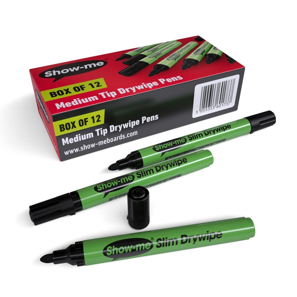 Show-me Slim Drywipe Pens Medium Tip Black Pack of 12