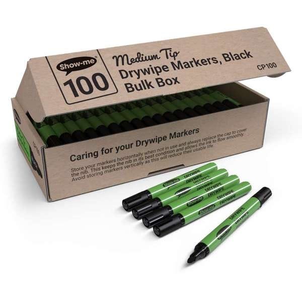 Show-me Slim Drywipe Pens Medium Tip Black Pack of 100