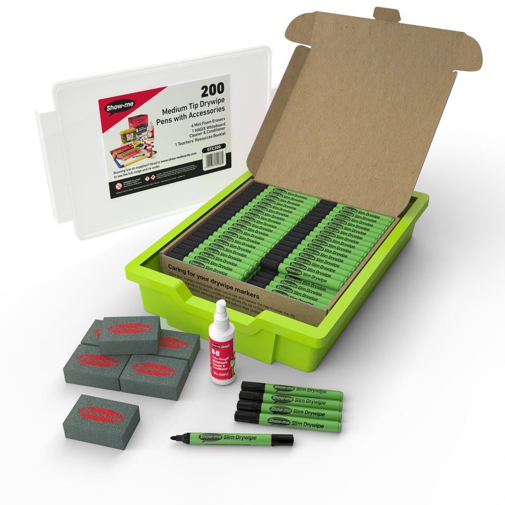 Show-me Slim Drywipe Medium Set of 200 Pens, 6 Erasers & 1 Bottle of Cleaner