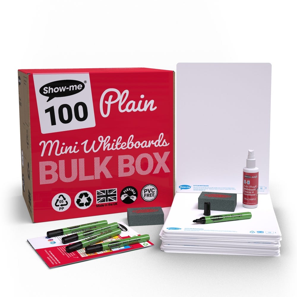 A4 Show-me 100 Plain Mini Whiteboards, Pens, Erasers & Cleaner