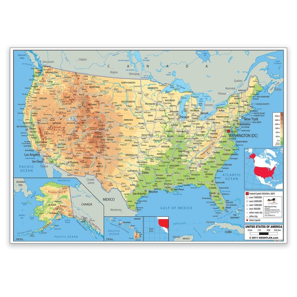 USA Physical Map Each
