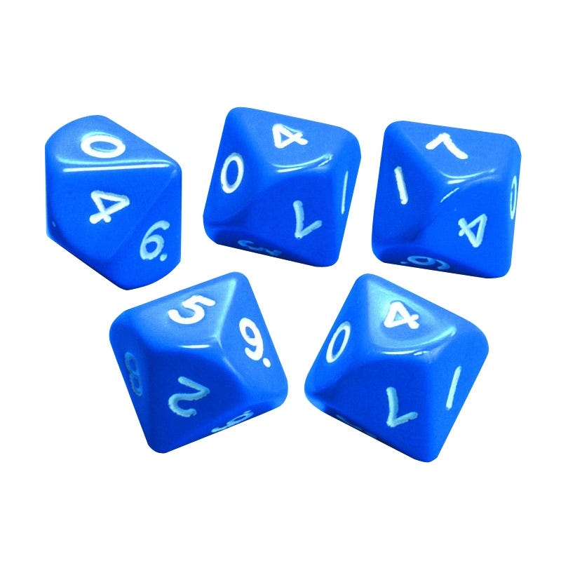 10-Sided Dice Numbered 0-9. Pack 5