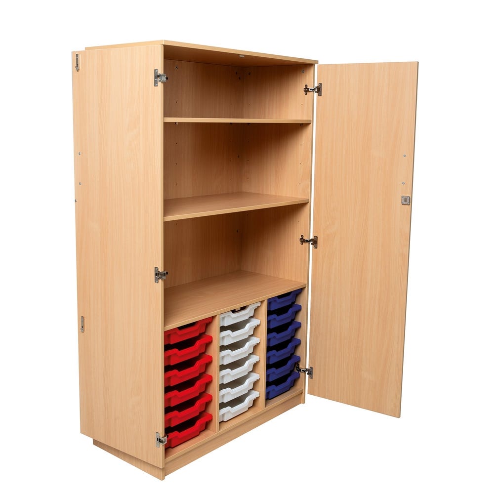 Two Shelf Cupboard Beech 18 Shallow Red Trays