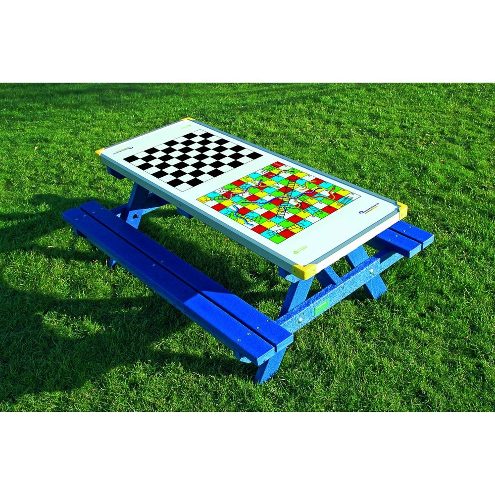 Recycled Plastic Junior Heavy Duty Picnic Table H610mm Blue Chess and Snakes and Ladders Top