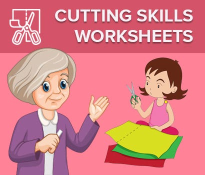 Cartoon Imagery Of Teacher Overseeing Student And Cutting Skills Worksheet